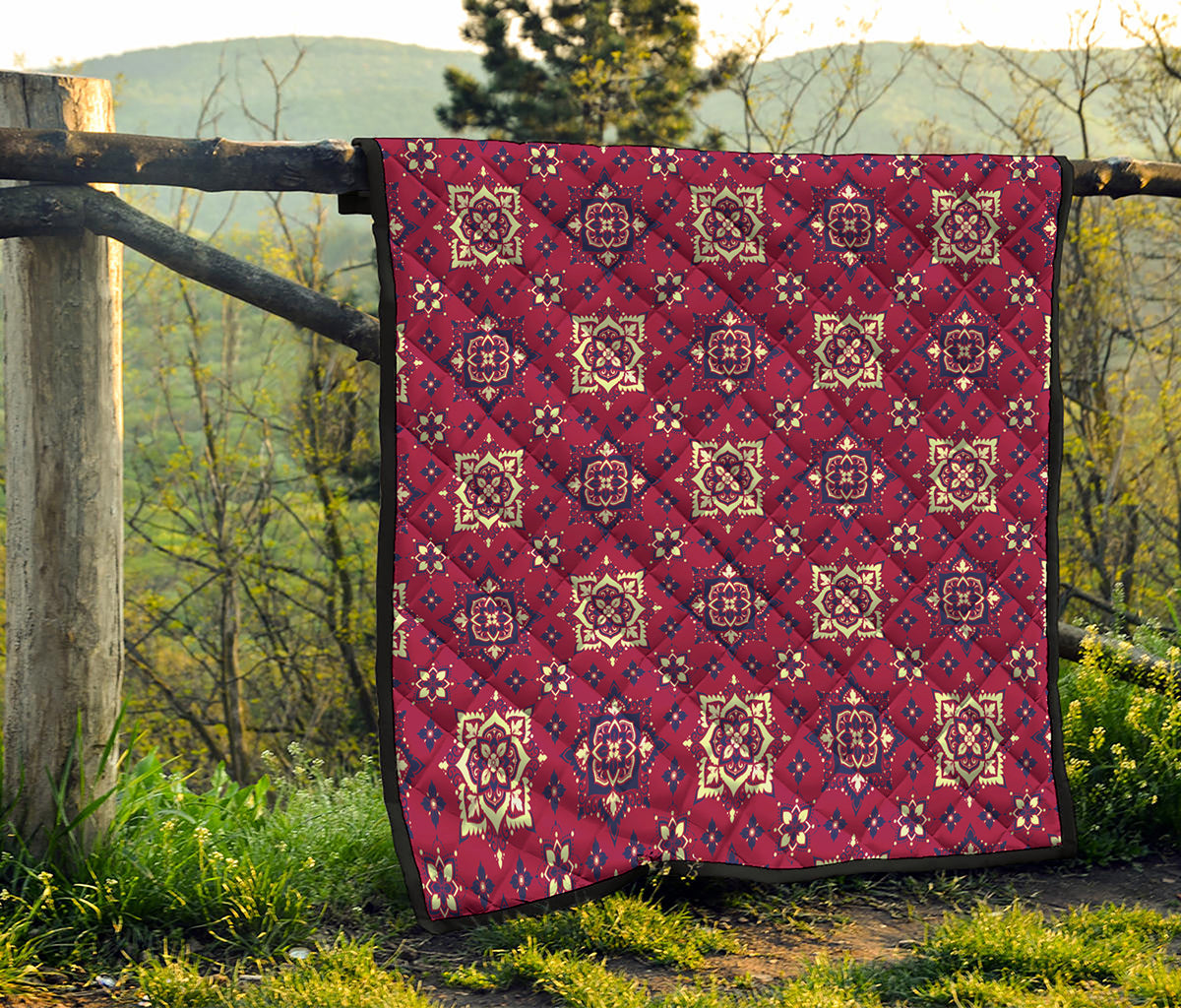 Red Boho Flower Pattern Print Quilt