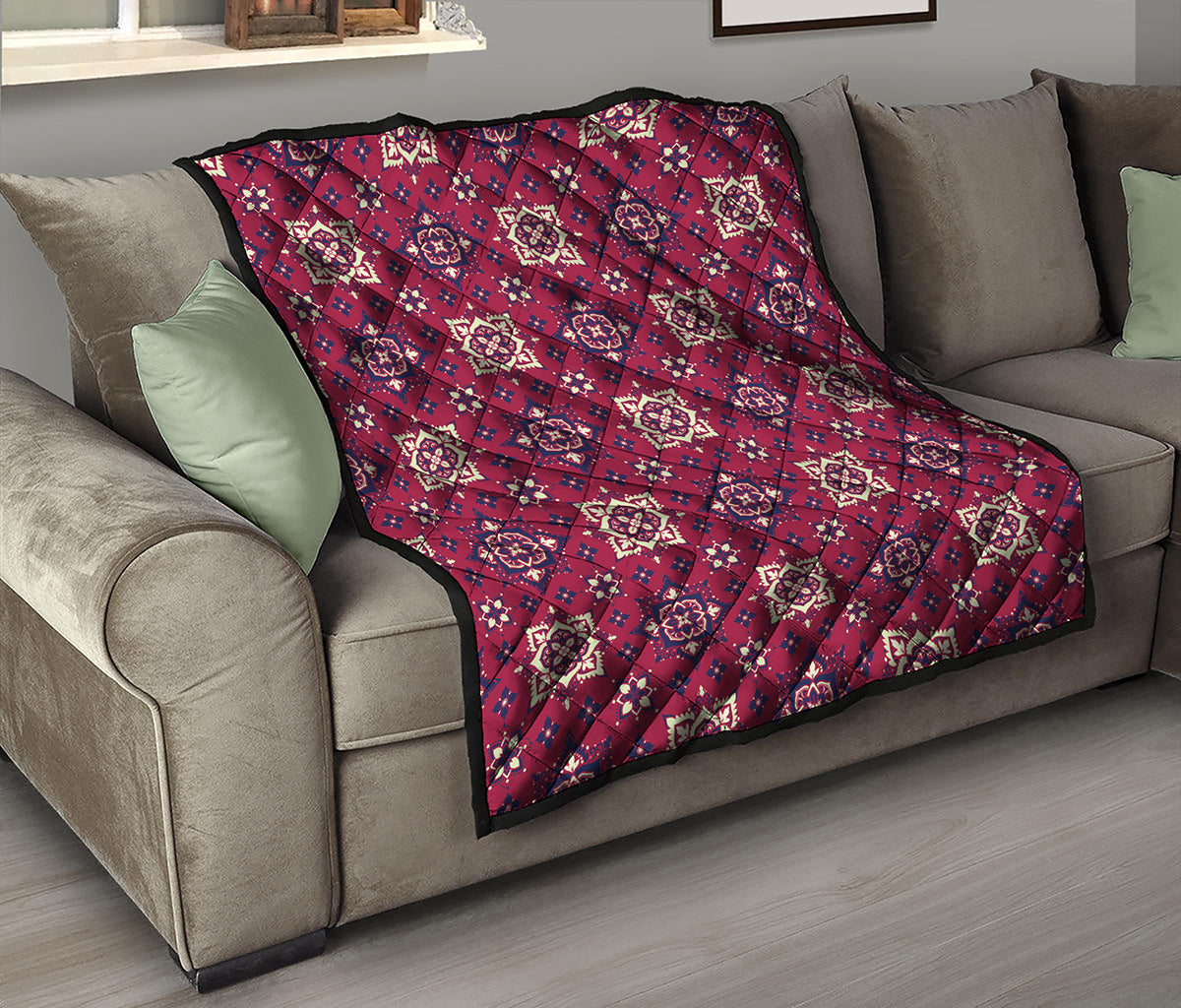 Red Boho Flower Pattern Print Quilt
