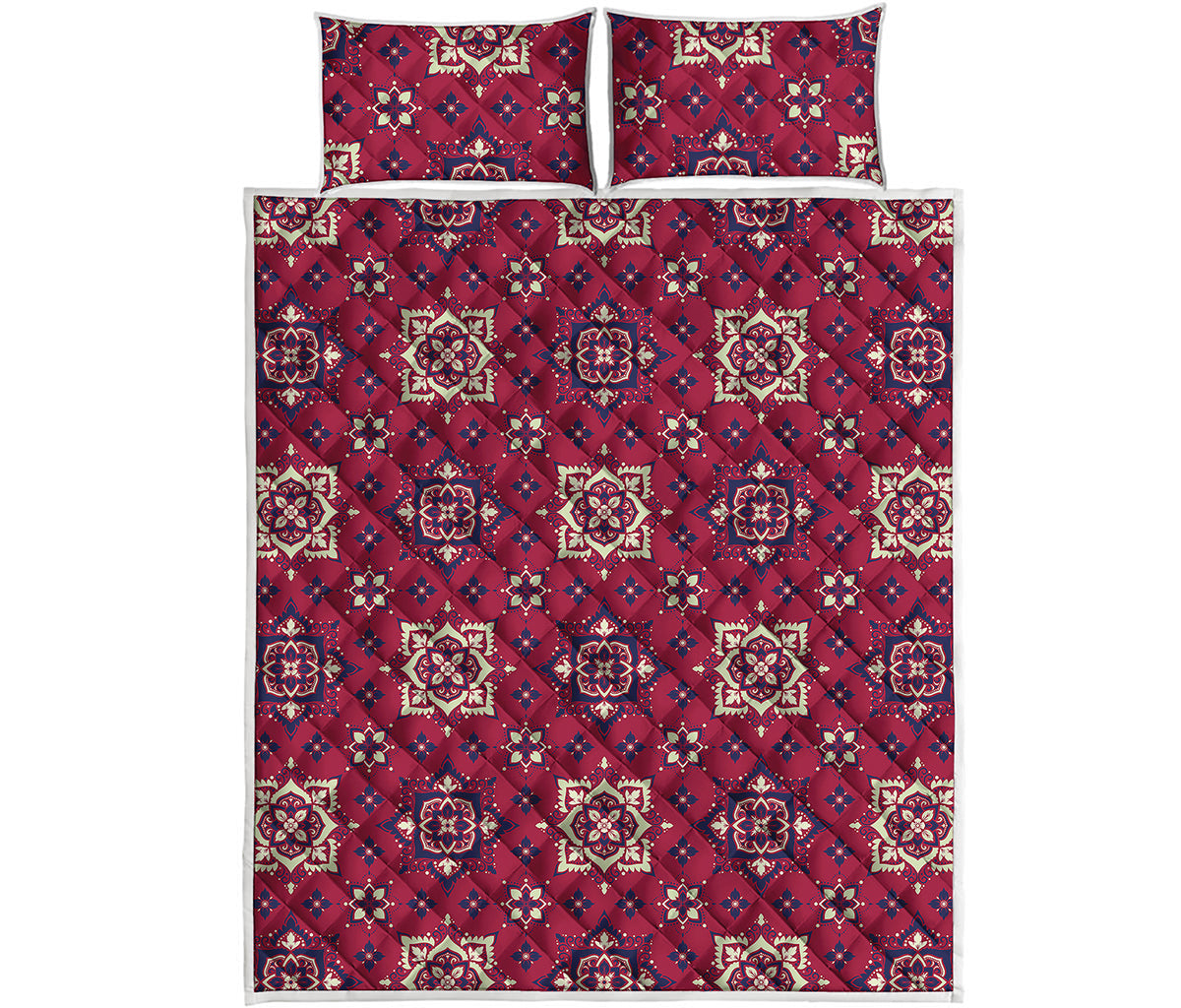 Red Boho Flower Pattern Print Quilt Bed Set