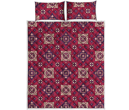 Red Boho Flower Pattern Print Quilt Bed Set
