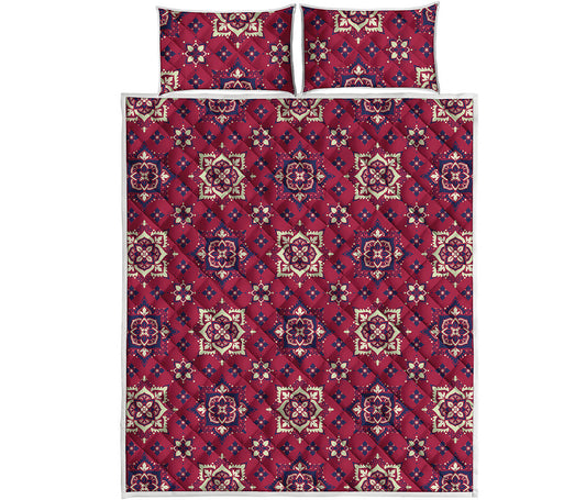 Red Boho Flower Pattern Print Quilt Bed Set