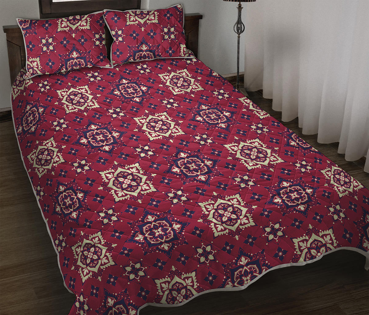 Red Boho Flower Pattern Print Quilt Bed Set