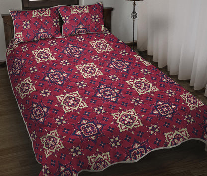 Red Boho Flower Pattern Print Quilt Bed Set