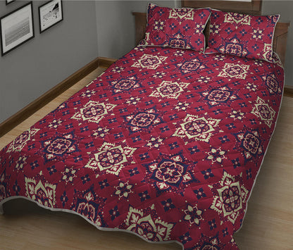 Red Boho Flower Pattern Print Quilt Bed Set
