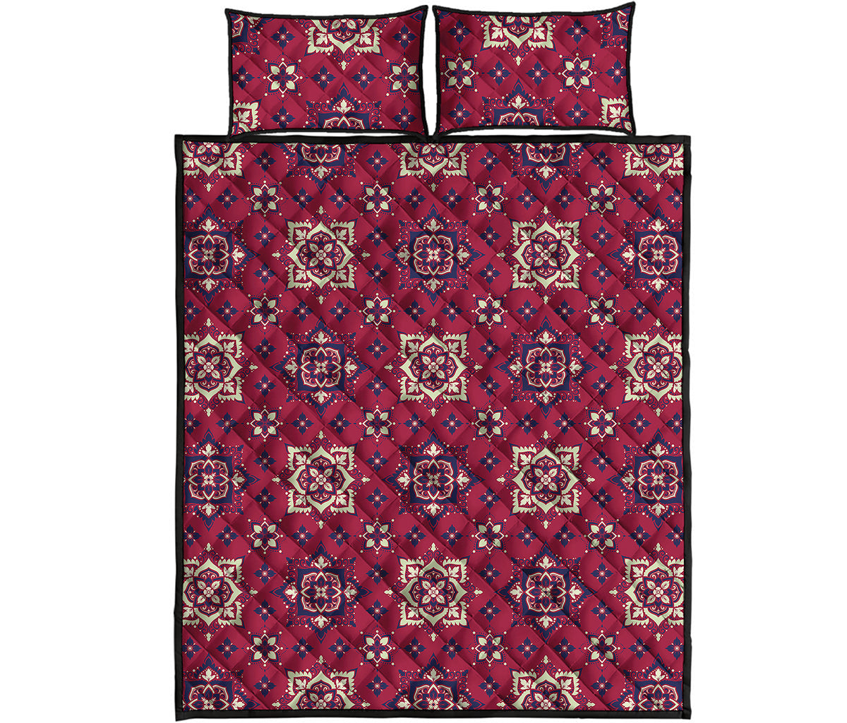Red Boho Flower Pattern Print Quilt Bed Set