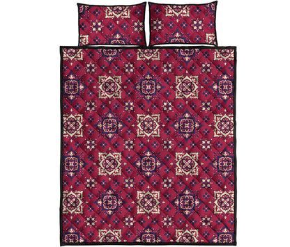 Red Boho Flower Pattern Print Quilt Bed Set