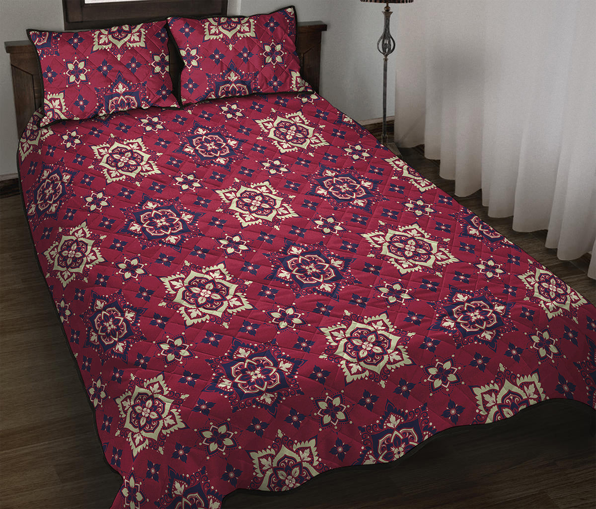 Red Boho Flower Pattern Print Quilt Bed Set