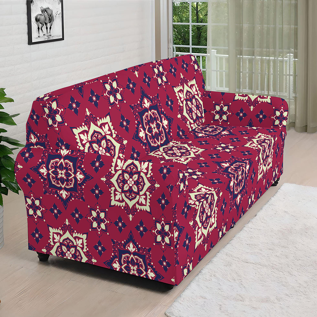 Red Boho Flower Pattern Print Sofa Cover