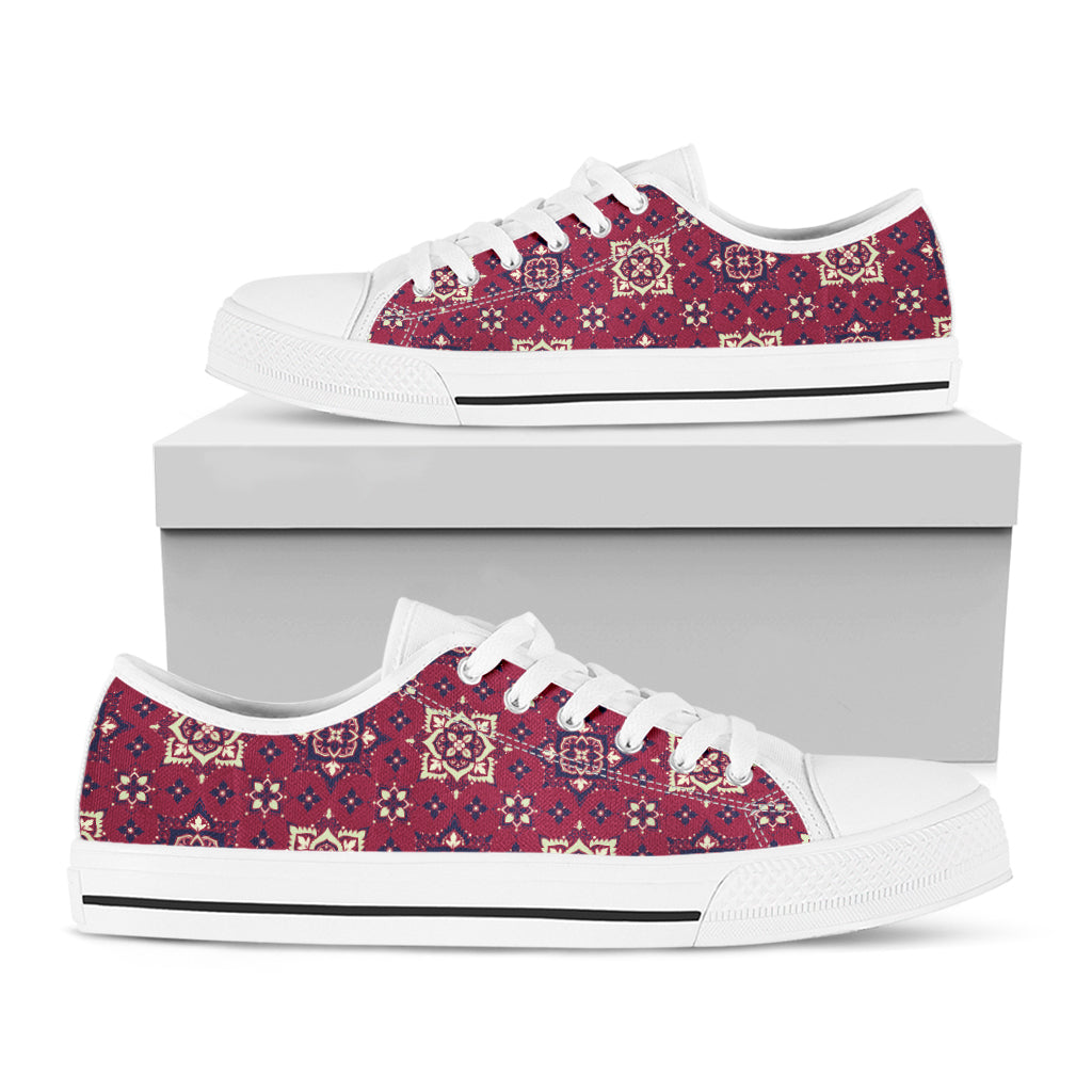 Red Boho Flower Pattern Print White Low Top Shoes