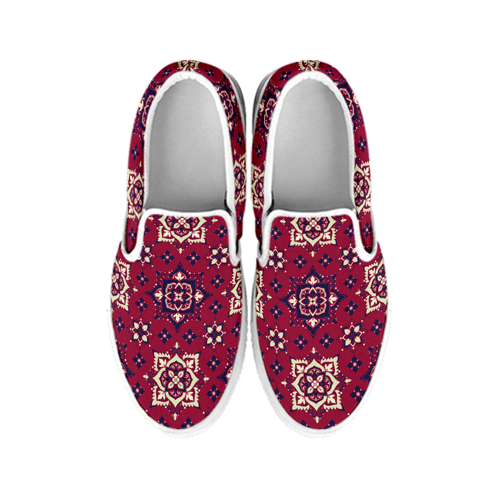Red Boho Flower Pattern Print White Slip On Shoes