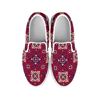 Red Boho Flower Pattern Print White Slip On Shoes