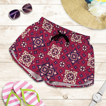 Red Boho Flower Pattern Print Women's Shorts
