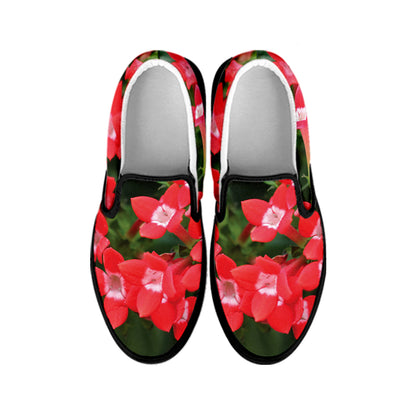 Red Bouvardia Print Black Slip On Shoes