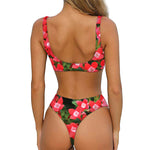 Red Bouvardia Print Front Bow Tie Bikini