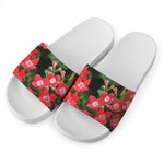 Red Bouvardia Print White Slide Sandals