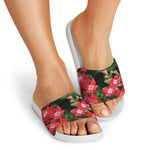 Red Bouvardia Print White Slide Sandals
