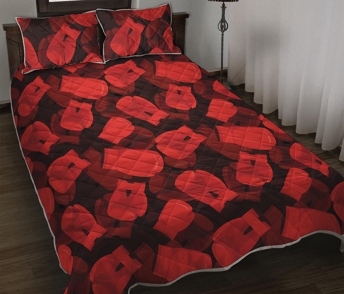 Red Boxing Gloves Pattern Print Quilt Bed Set