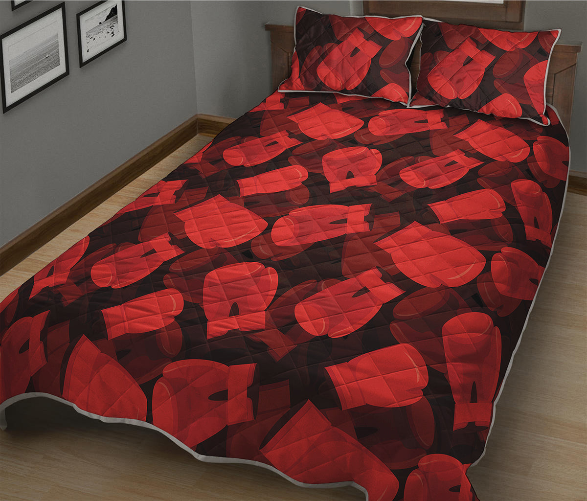 Red Boxing Gloves Pattern Print Quilt Bed Set