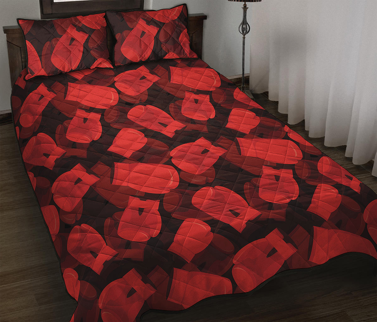 Red Boxing Gloves Pattern Print Quilt Bed Set