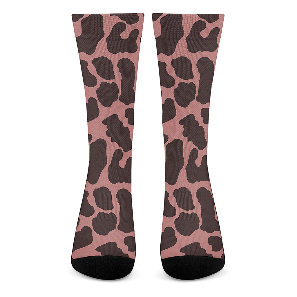 Red Brown Cow Print Crew Socks