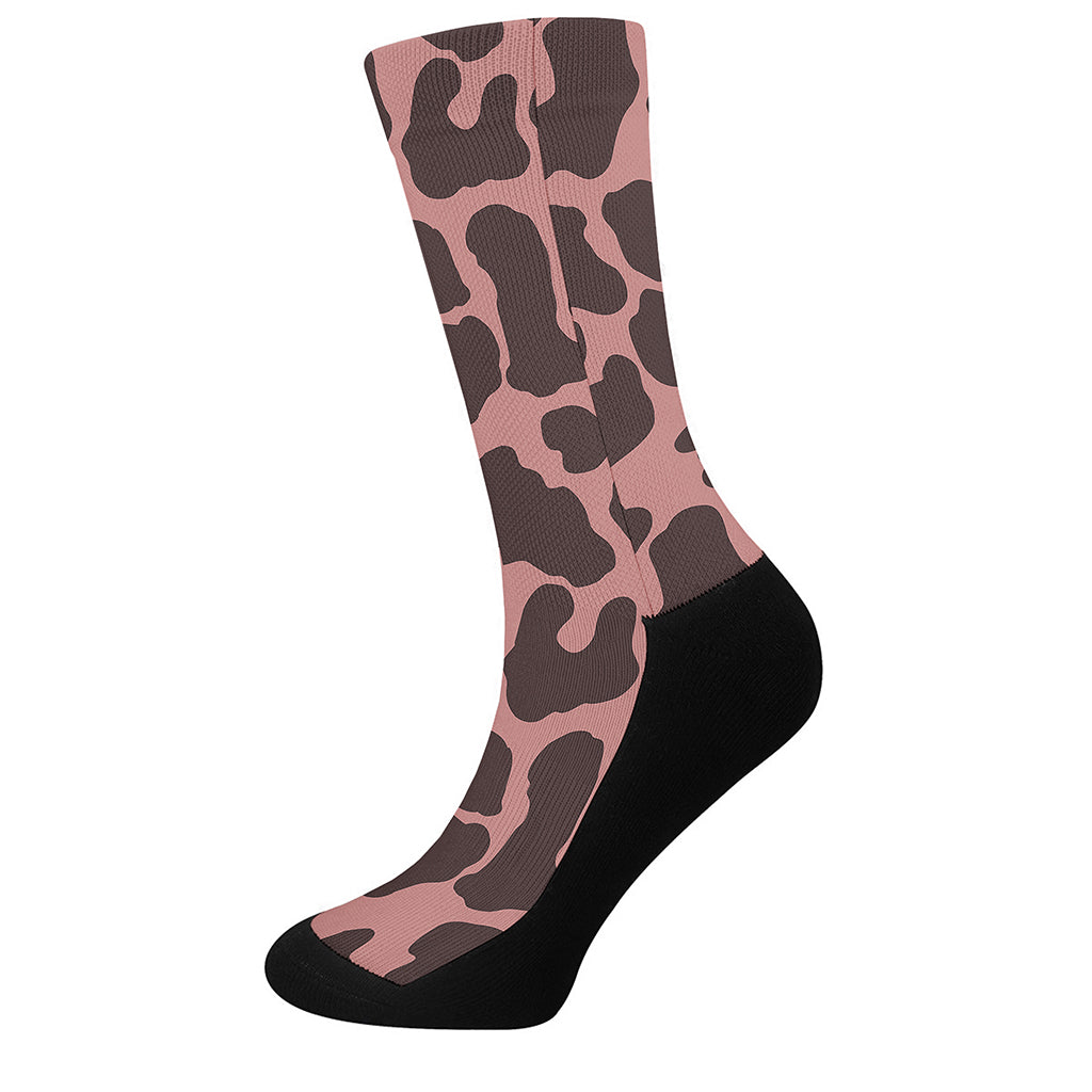 Red Brown Cow Print Crew Socks