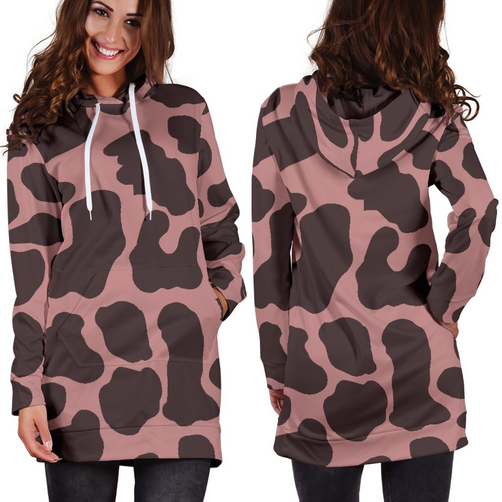 Red Brown Cow Print Hoodie Dress GearFrost
