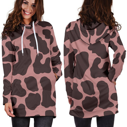 Red Brown Cow Print Hoodie Dress GearFrost