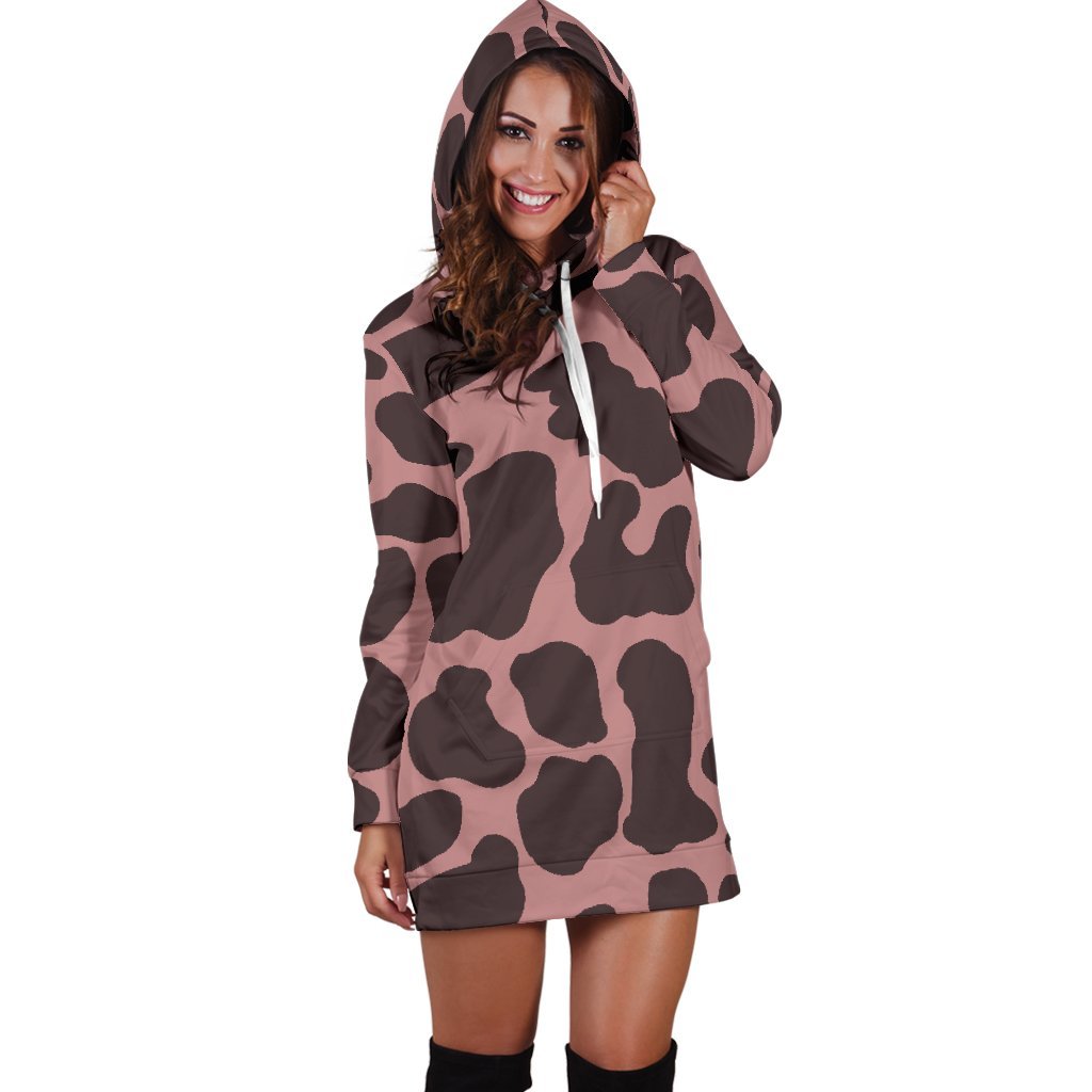 Red Brown Cow Print Hoodie Dress GearFrost