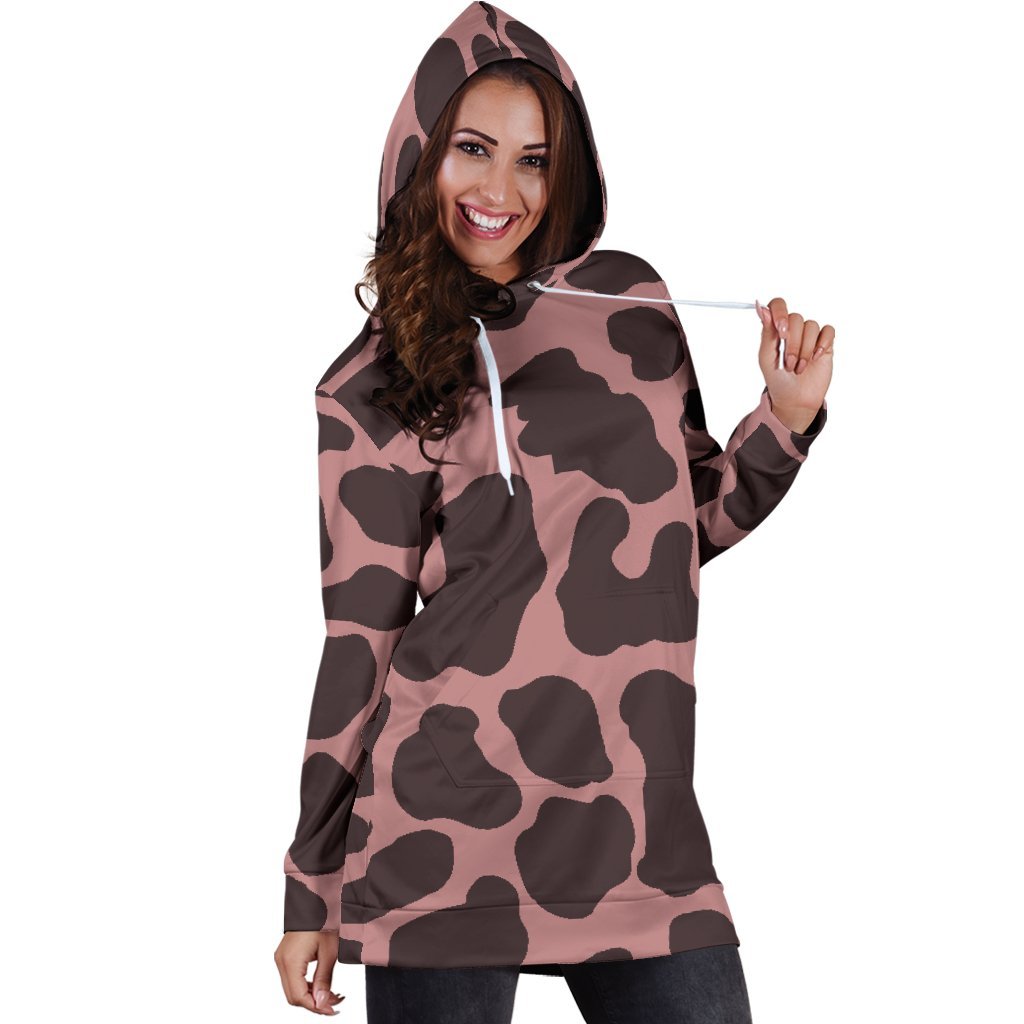 Red Brown Cow Print Hoodie Dress GearFrost