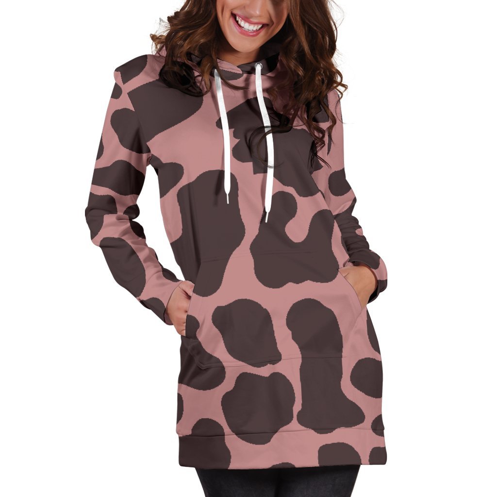 Red Brown Cow Print Hoodie Dress GearFrost