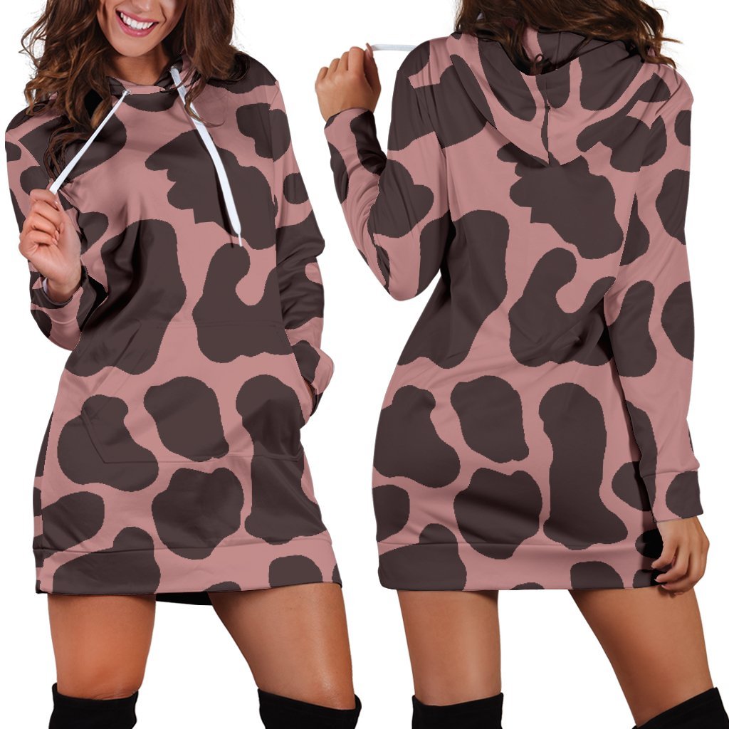 Red Brown Cow Print Hoodie Dress GearFrost