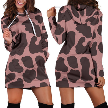 Red Brown Cow Print Hoodie Dress GearFrost