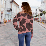 Red Brown Cow Print Off Shoulder Sweatshirt GearFrost