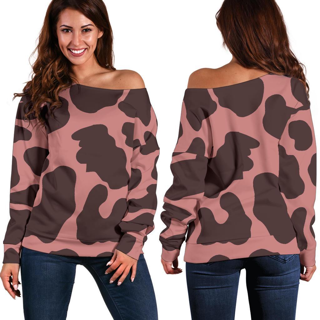 Red Brown Cow Print Off Shoulder Sweatshirt GearFrost