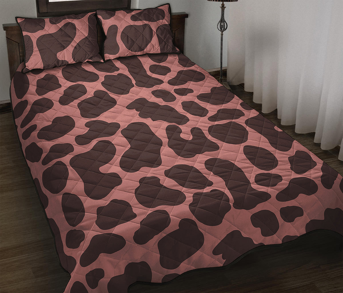 Red Brown Cow Print Quilt Bed Set