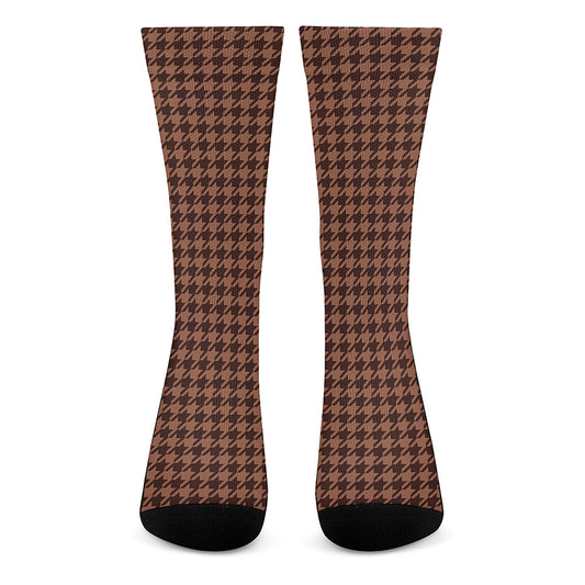 Red Brown Houndstooth Pattern Print Crew Socks