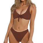 Red Brown Houndstooth Pattern Print Front Bow Tie Bikini