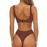 Red Brown Houndstooth Pattern Print Front Bow Tie Bikini