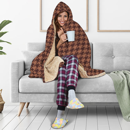 Red Brown Houndstooth Pattern Print Hooded Blanket