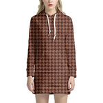Red Brown Houndstooth Pattern Print Hoodie Dress