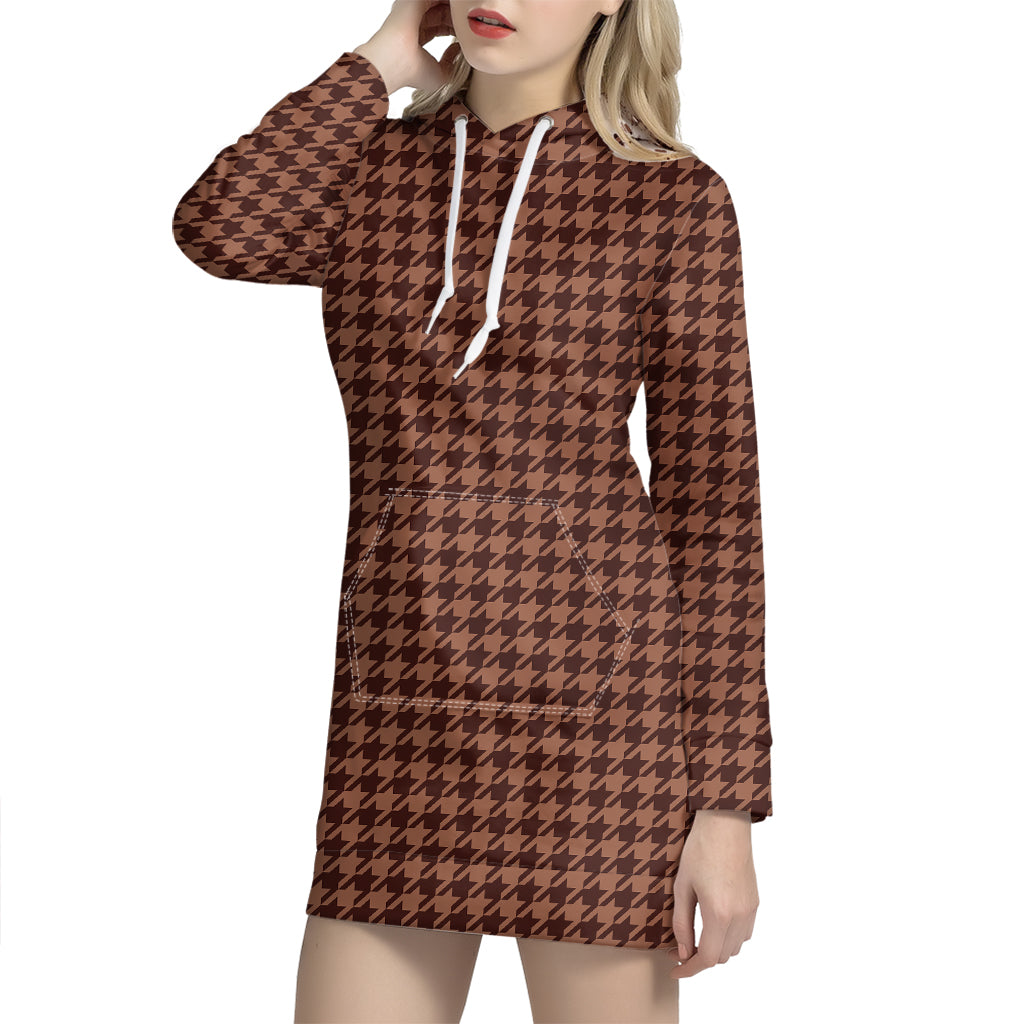 Red Brown Houndstooth Pattern Print Hoodie Dress