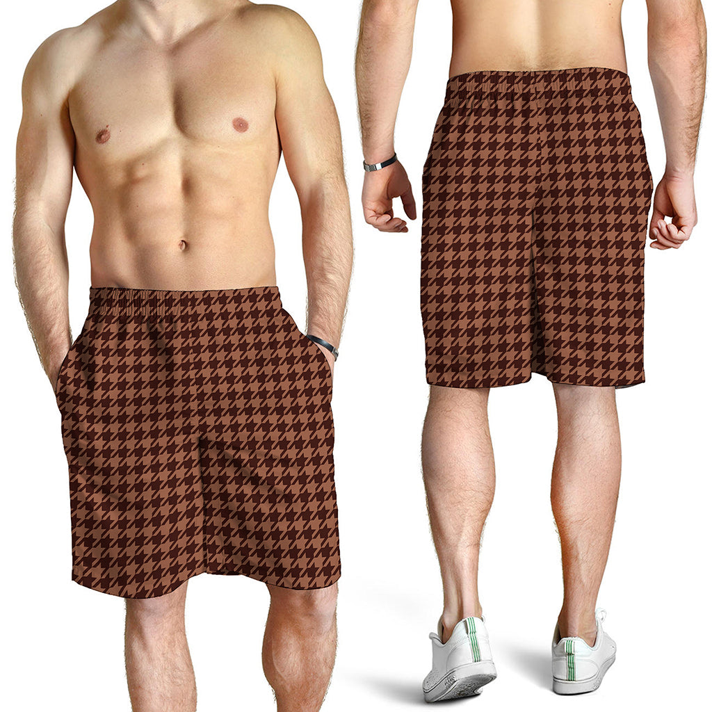 Red Brown Houndstooth Pattern Print Men's Shorts