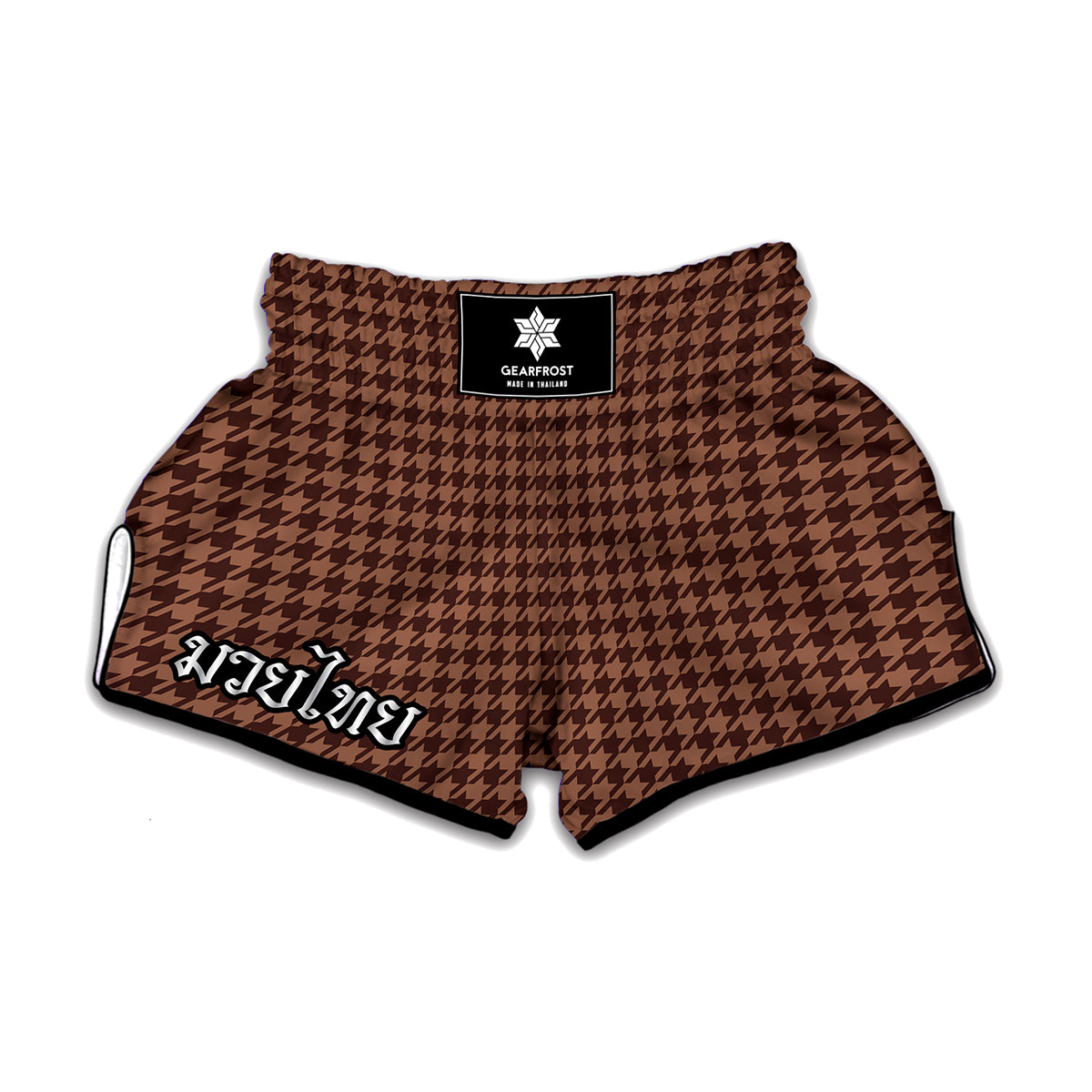 Red Brown Houndstooth Pattern Print Muay Thai Boxing Shorts