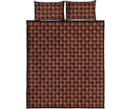Red Brown Houndstooth Pattern Print Quilt Bed Set