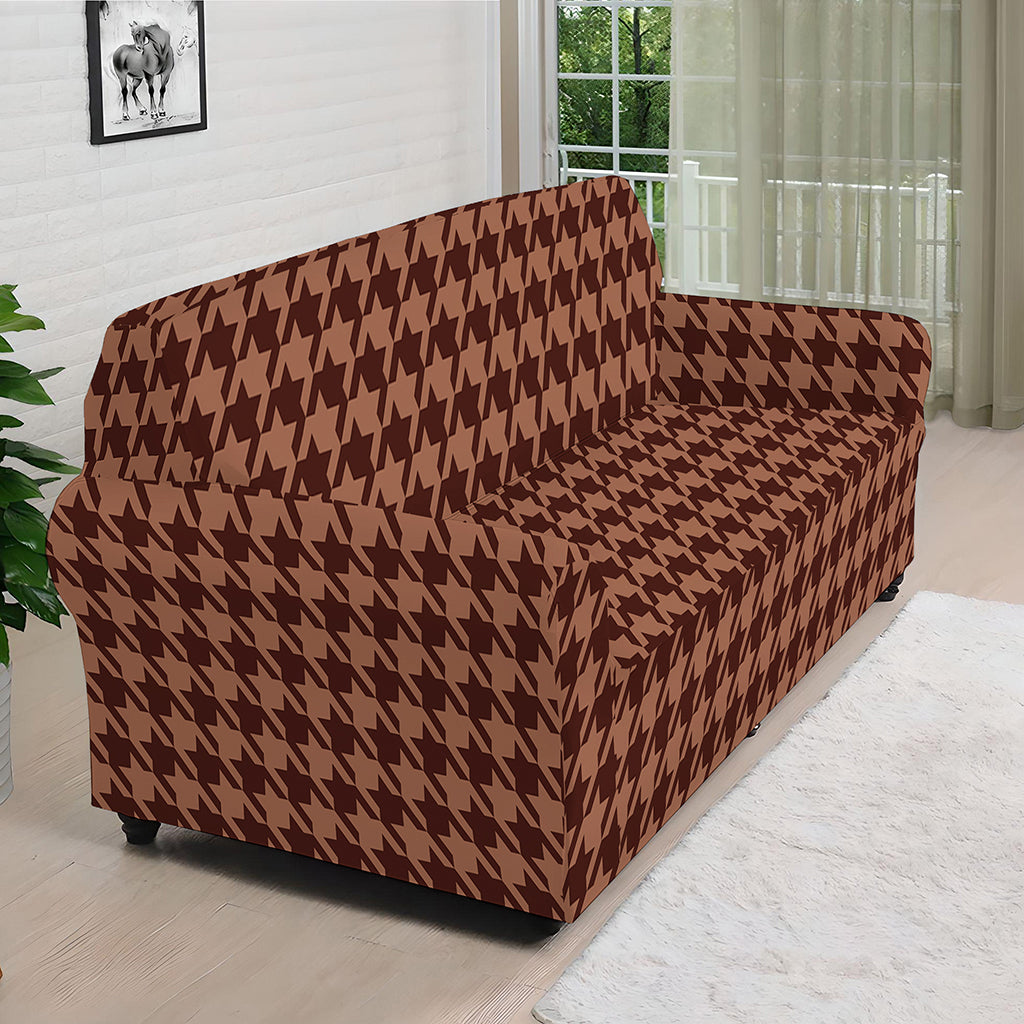Red Brown Houndstooth Pattern Print Sofa Cover