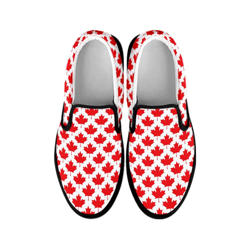 Red Canadian Maple Leaf Pattern Print Black Slip On Shoes