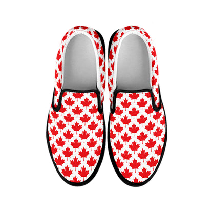 Red Canadian Maple Leaf Pattern Print Black Slip On Shoes