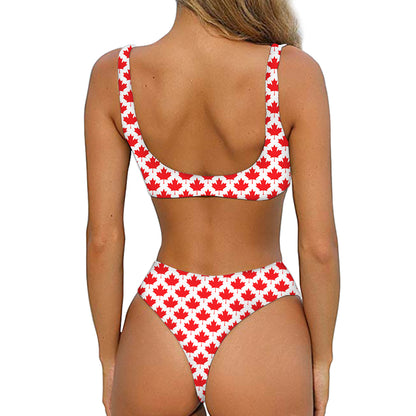 Red Canadian Maple Leaf Pattern Print Front Bow Tie Bikini