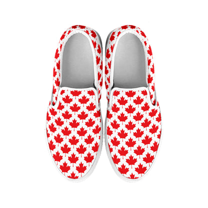 Red Canadian Maple Leaf Pattern Print White Slip On Shoes