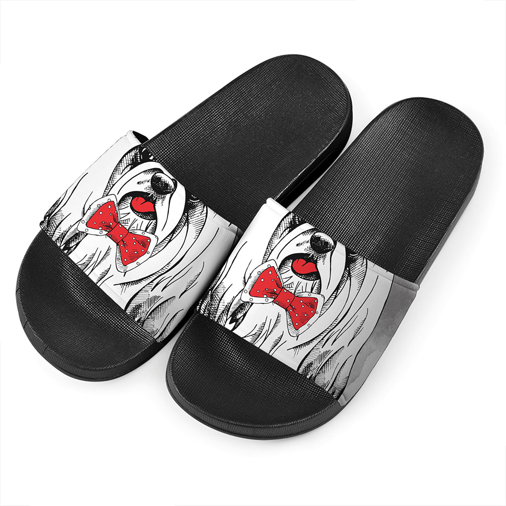 Red Cap Yorkshire Terrier Print Black Slide Sandals